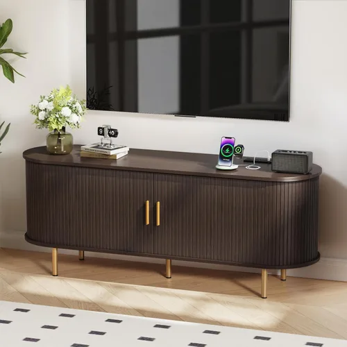 Miniatura 18 de DHH Soporte de TV moderno de mediados de siglo de 55 pulgadas con toma de corriente para televisores de hasta 60 pulgadas, centro de entretenimiento