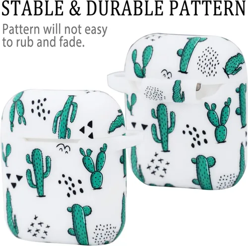 Miniatura 2 de LitoDream - Funda de silicona suave y flexible con llavero para Apple AirPods 2 y 1, para niñas (vaca; blanco con cactus)