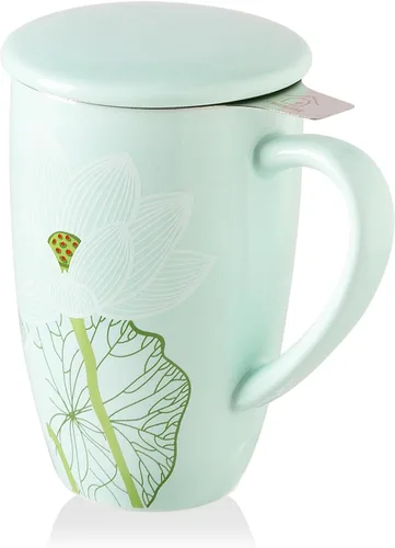 Miniatura 30 de Sweejar Taza infusora de té de porcelana con tapa, taza de té de 16 onzas con coladores para té de hojas sueltas, taza de café apta para microondas