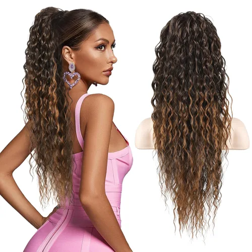 Miniatura 22 de Flufymooz Extensión de cola de caballo, 26 pulgadas, estilo bohemio, con cordón, extensiones de cabello para mujer, cola de caballo larga, rizada