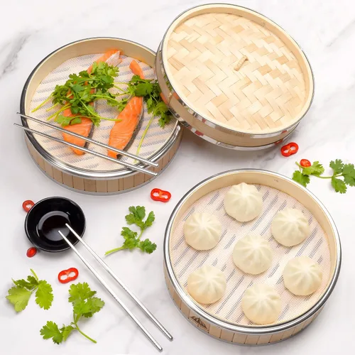 Miniatura 6 de Cesta para cocinar al vapor de bambú de 2 niveles Cesta para cocinar al vapor de bambú con forro reutilizable de silicona Kit de dim sum
