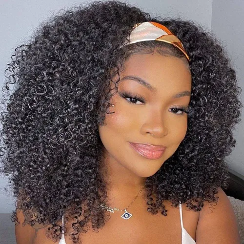 ISEE Hair Peluca de cabello humano afro rizado crespo con diadema, densidad del 180%, pelucas afro para mujeres negras, rizos naturales, pelucas de