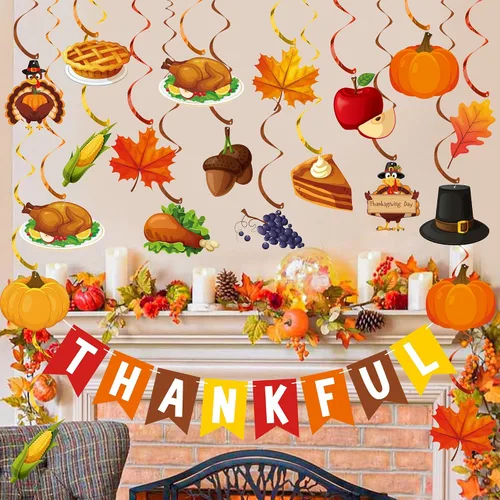 Miniatura 5 de Decoraciones de Acción de Gracias pre-encordadas de pavo, calabaza, hojas de arce, espirales colgantes de Acción de Gracias, serpentinas de techo