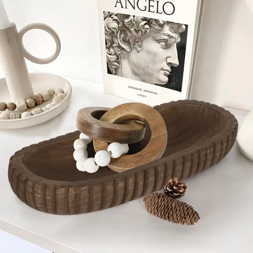 Miniatura 7 de Oakrain Cuenco decorativo de madera para decoración del hogar, cuenco de masa rústico de 16 pulgadas con rayas verticales talladas a mano, bandeja