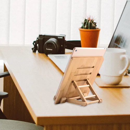 Miniatura 4 de Soporte para tableta de bambú Soporte ajustable plegable de madera para iPad con orificio cargable para escritorio iPad Soporte de cocina