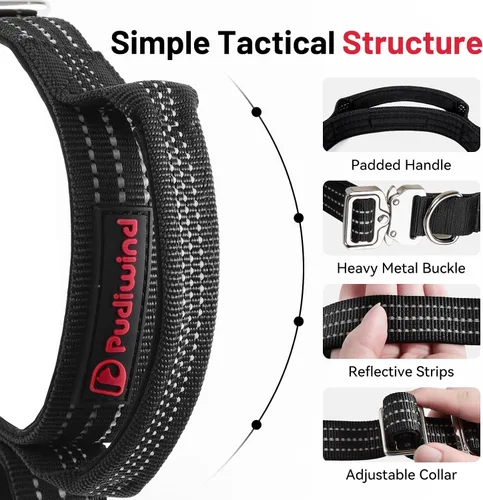Miniatura 2 de Collar táctico para perro con asa, collar de nailon resistente con hebilla metálica de liberación rápida, diseño reflectante, acolchado y cómodo