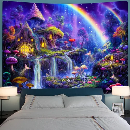 Kanuyee Tapiz de luz negra de neón para colgar en la pared, bosque encantado, cascada, tapices para dormitorio, tapices UV, para colgar en la pared