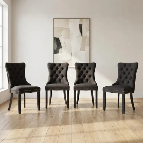 Miniatura 32 de OVENTA Juego de 4 sillas de comedor modernas tapizadas copetudas, terciopelo negro y gris y cuero con patas de madera maciza, sillas de cocina
