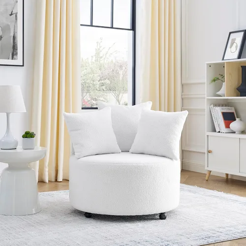 Miniatura 14 de Quarte Moderna silla tapizada de ocio, silla giratoria de tela de peluche con ruedas móviles y 3 almohadas, perfecta para sala de estar y dormitorio