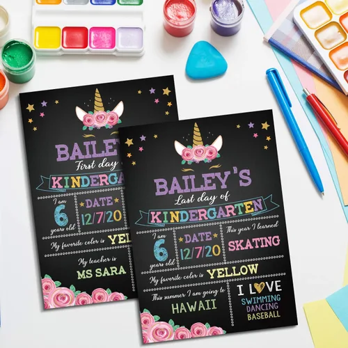 Miniatura 6 de Pizarra para tiza con diseño de unicornio con texto en inglés “First Day of School”. Pizarra para compartir fotos del primer y último día de clases.