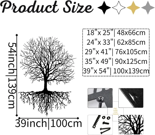 Miniatura 4 de Yemwot Arte de pared de metal árbol de la vida, arte de pared de árbol de metal, decoración industrial, silueta de rama, decoración de sala de estar