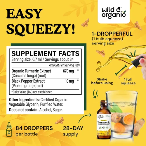 Miniatura 3 de Wild & Organic Suplemento líquido de cúrcuma – Soporte para articulaciones – Curcumina de cúrcuma con extracto de pimienta negra – Gotas de raíz