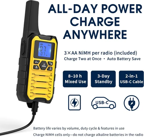Miniatura 6 de Wishouse Walkie Talkies K15 de largo alcance para adultos, radios bidireccionales recargables, paquete de 2 unidades, 2 W FRS, 22 canales, USB-C