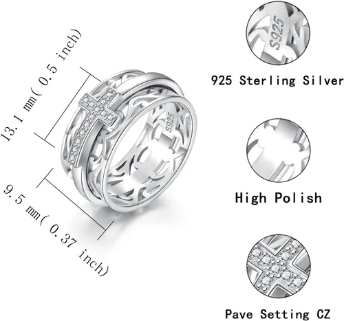 Miniatura 4 de Anillo giratorio de plata de ley 925 con cruz de Sariel, anillo de dedo para mujer, madre e hija