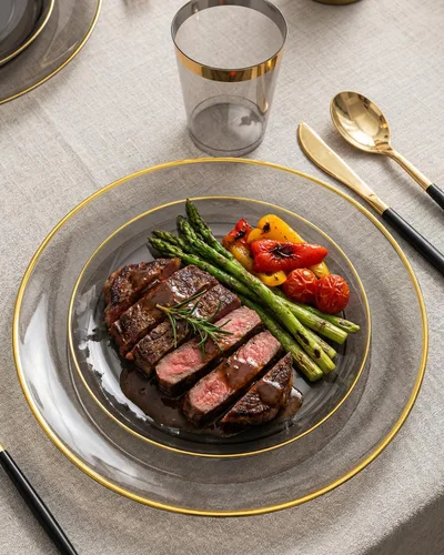 Miniatura 4 de Supernal Juego de vajilla de plástico negro y dorado de 180 piezas para 30 invitados, elegantes platos desechables con cubiertos y tazas de plástico