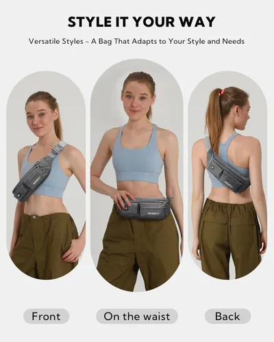 Miniatura 3 de WATERFLY Cangurera cruzada pequeña: 5 bolsillos delgado ligero cinturón cadera bolsa para mujeres hombres bolsa de pecho resistente al agua para Gris