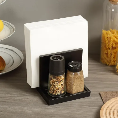 Miniatura 5 de Servilletero de Madera porta servilletas porta sal y pimienta con Salero y Pimentero Caddy, Adecuado para Cocina, Restaurante, Bar, Oficina, Negro