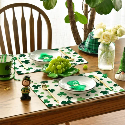 Miniatura 3 de Artoid Mode Juego de 4 manteles individuales del día de San Patricio con trébol beige de 12 x 18 pulgadas para decoración de fiestas, cocina, comedor