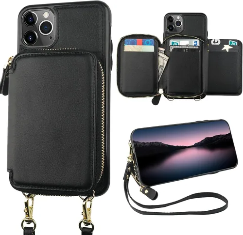 Bocasal Funda tipo cartera con bloqueo RFID para iPhone 11 Pro Max, bolso cruzado ajustable con cremallera con soporte y correa de muñeca Negro
