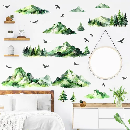 Miniatura 7 de Calcomanías de Pared de Montaña y Árbol Acuarela Calcomanías de Pared de Montaña Despegables y Adhesivas Aves Voladoras Árboles de Pino Verde