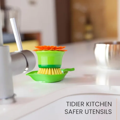 Miniatura 9 de Vigar Cepillo de Limpieza de Palmas con Flor para Platos con Soporte, Cepillos de Cocina Perfectos para Platos, Cepillo de Fregadero y Cepillos
