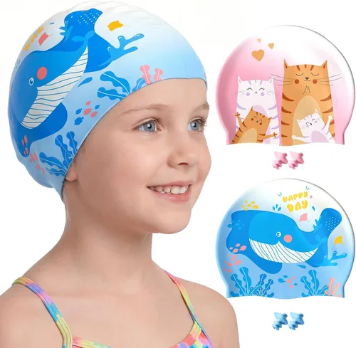 Miniatura 12 de Aegend Paquete de 2 gorros de natación para niñas y niños de 3 a 15 años, gorro de natación impermeable para niños, de silicona duradera