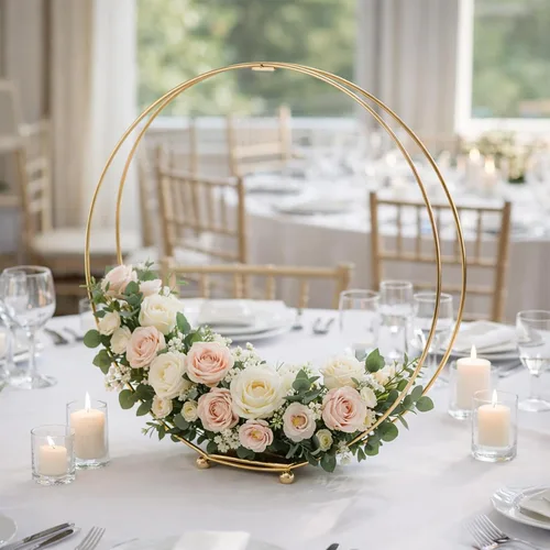 Miniatura 5 de Paquete de 3 centros de mesa de aro floral de metal doble de 12 pulgadas con soporte y alambre de paleta de 38 yardas, decoración de mesa para Dorado
