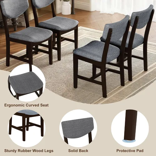 Miniatura 4 de Mesa de comedor de madera de 5 piezas y 4 sillas tapizadas, mesa rectangular con sillas, asiento y respaldo acolchados de lino para comedor, cocina