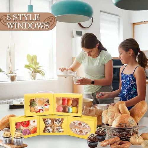 Miniatura 5 de KPOSIYA 65 PCS Cajas para Galletas de 8x6x2.5 Pulgadas con Ventana Cajas Doradas de Panadería Cajas de Repostería para Regalar, Golosinas, Postre