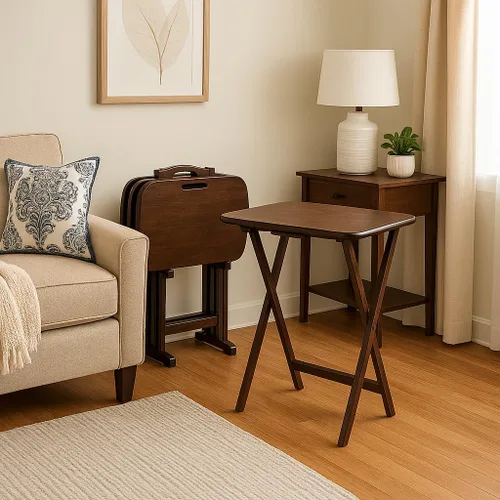 Miniatura 3 de Ergode Juego de mesa de madera de 5 piezas, elegantes mesas plegables, base duradera con marco en X, práctico soporte vertical, fácil montaje