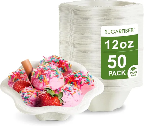 [50 unidades] Cuencos de papel blanco floral compostables de 12 onzas, cuencos de fiesta festoneados, tazón de helado ecológico sin plástico,