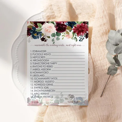 Miniatura 3 de Juegos de despedida de soltera con flores azules, 25 cartas, juego de palabras de boda, divertida actividad de adivinación para invitados, fiestas