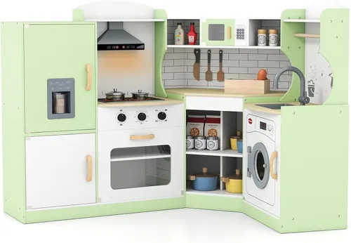 KOTEK Cocina de juguete de madera para niños con sonido y luz, campana extractora, máquina de hielo, lavadora, microondas, horno, fregadero, traje