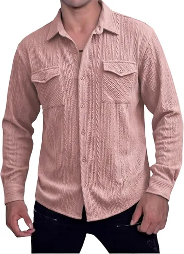 Miniatura 15 de Camisas con botones para hombre, casual, de manga larga, con cuello jacquard, texturizada, ligera, sobrecamisa, sobrecamisa