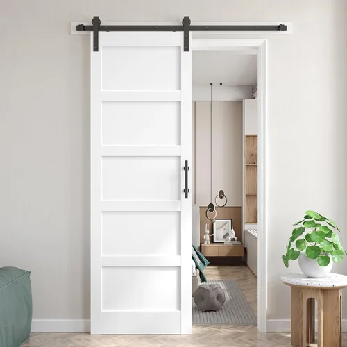Miniatura 27 de Fredbeck Puerta de granero blanca de 30 x 84 pulgadas con kit de herrajes para puerta corredera de 5.5 pies incluido y asa, sólida, MDF, superficie