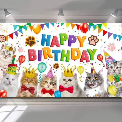 Tatuo Decoraciones de cumpleaños de gato, telón de fondo de feliz cumpleaños, temática de gatito, gato, fondo de fotografía, fondo de fotografía de