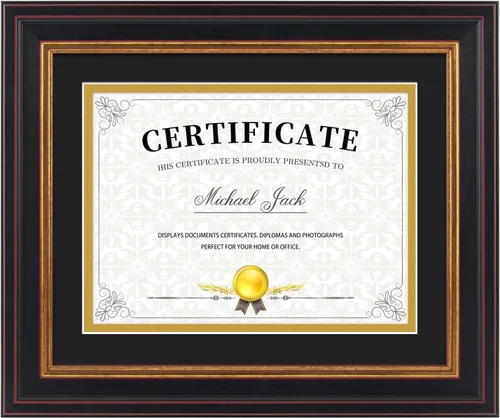 Frametory, Marco de diploma de 6 x 8 con paspartú doble (negro/dorado) o de 8 x 10 pulgadas sin paspartú, oro negro y borgoña, soporte de caballete,