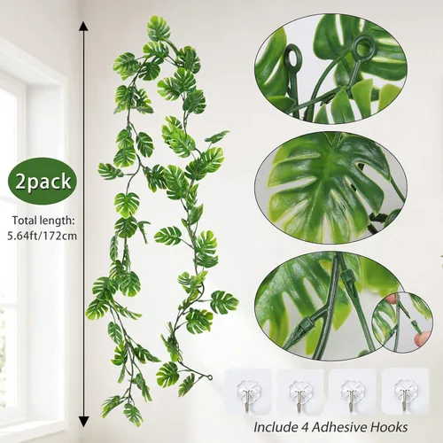 Miniatura 3 de RECUTMS 2 piezas de enredaderas de hojas de Monstera artificiales de 5.9 pies, plantas de hiedra colgantes falsas, hojas de palmera tropical falsas