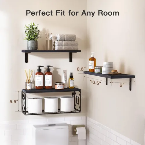 Miniatura 3 de Amada - Estantes de baño con cesta de almacenamiento, estante de pared flotante para organización del hogar y decoración de pared, estantes de Negro