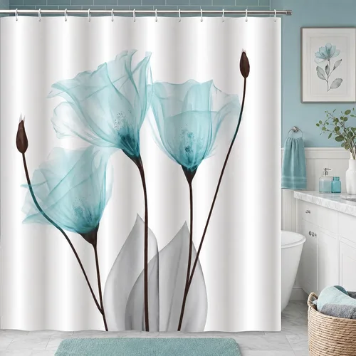 Cortina de ducha floral verde azulado, tulipán, turquesa, aguamarina, flor botánica, moderna, estética, floral, floral, elegante, cortina de baño,