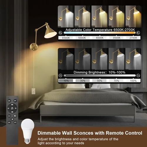 Miniatura 2 de TRLIFE Aplique de pared con control remoto, apliques de pared de latón cepillado enchufables, regulables y con temperatura de color ajustable Dorado