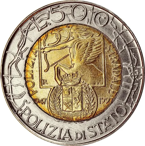 1997 R 500 Lira Italia Moneda Celebrando "Polizia Stradale" La Policía de Tráfico Italiana. 500 Lira Calificada Por Vendedor Circulado Condición