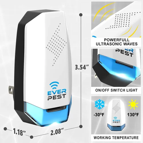 Miniatura 4 de Enchufe ultrasónico de control de plagas, paquete de 2 unidades, defensor electrónico de insectos - Mosquito de ratón para cucarachas - Rechazo