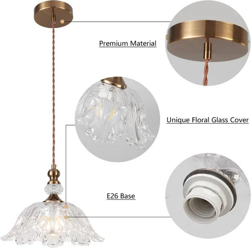 Miniatura 8 de Lámparas colgantes de cristal pequeñas vintage para isla de cocina de 10.6 pulgadas, lámpara de techo colgante ajustable de latón dorado