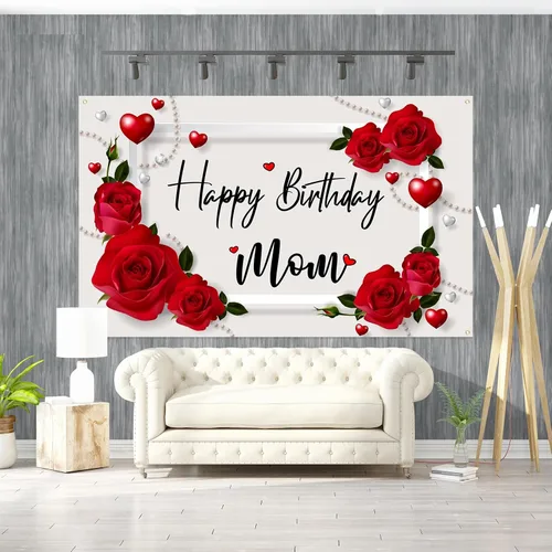 Miniatura 6 de Labakita Telón de fondo de feliz cumpleaños para mamá, letrero de decoración de cumpleaños de madre madre, telón de fondo de decoración de feliz