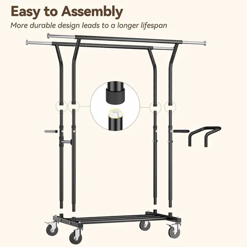 Miniatura 7 de Perchero de ropa resistente: 800LBS Perchero de ropa con ruedas para colgar abrigos, barras dobles, estantes de tela portátiles con ruedas Estante