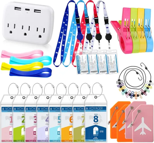 Kit de 26 accesorios de crucero incluye etiquetas de equipaje con soportes de identificación, tira de alimentación de crucero, clips de silla de