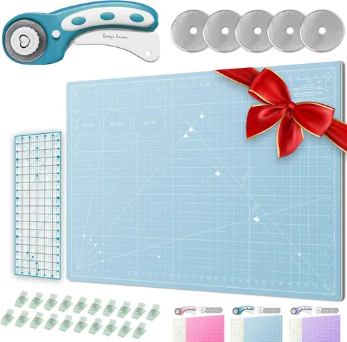 Miniatura 10 de Juego de cortador giratorio - Kit de acolchado incl. Cortador de tela de 45 mm, 5 cuchillas de repuesto - Ideal para manualidades, costura, parcheo