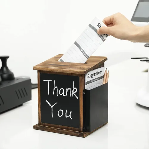 Miniatura 3 de MyGift Caja de colección de madera maciza quemada rústica montada en la pared con tarjetero de metal negro, caja de comentarios y sugerencias