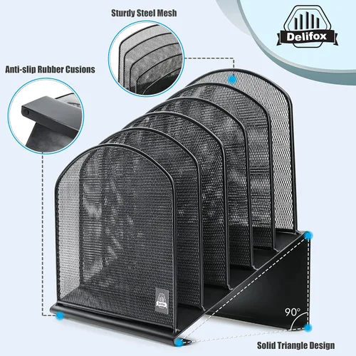 Miniatura 4 de Delifox Organizador de escritorio inclinado, soporte de archivos de 5 secciones con bandeja vertical para carpetas, estante de metal clasificador